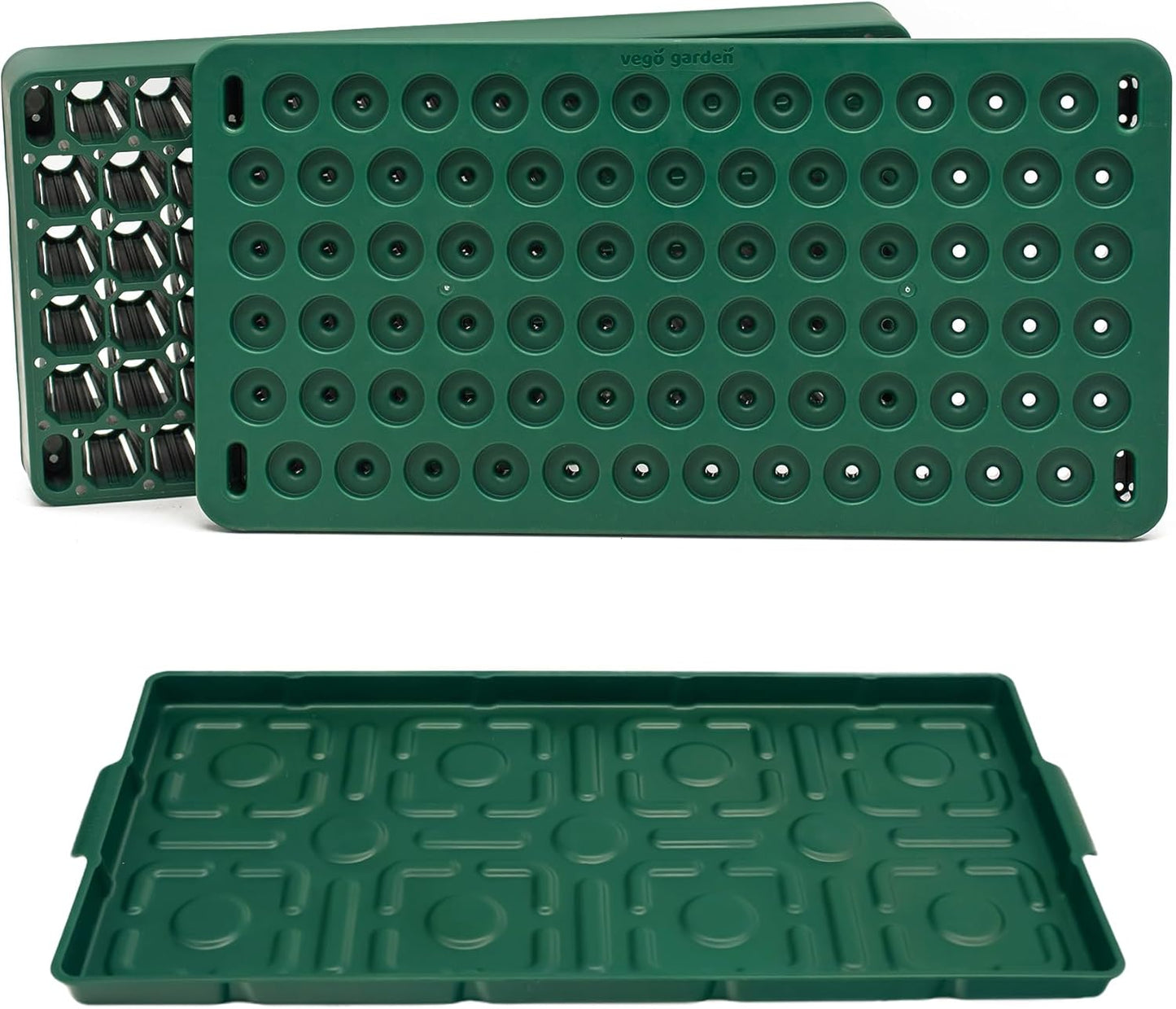 Vego garden Seedling Suite Products 10" x 20" 76 Cells Stackable Seed Starter Germination Tray with 3-in-1 Plant & Pop Board and 10" x 20" Bottom Watering Tray