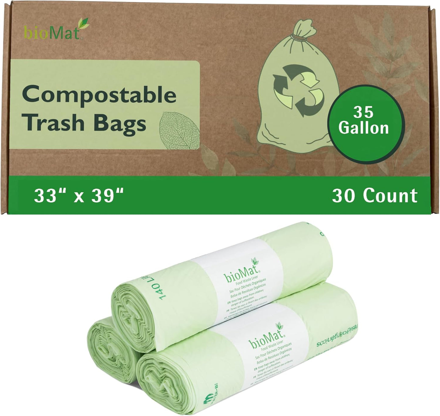 bioMat 35 Gallon Compostable Trash Bags; 30 Count, BPI ASTM D6400 and CMA Certified, Large Compost Bags for Kitchen Compost Bin