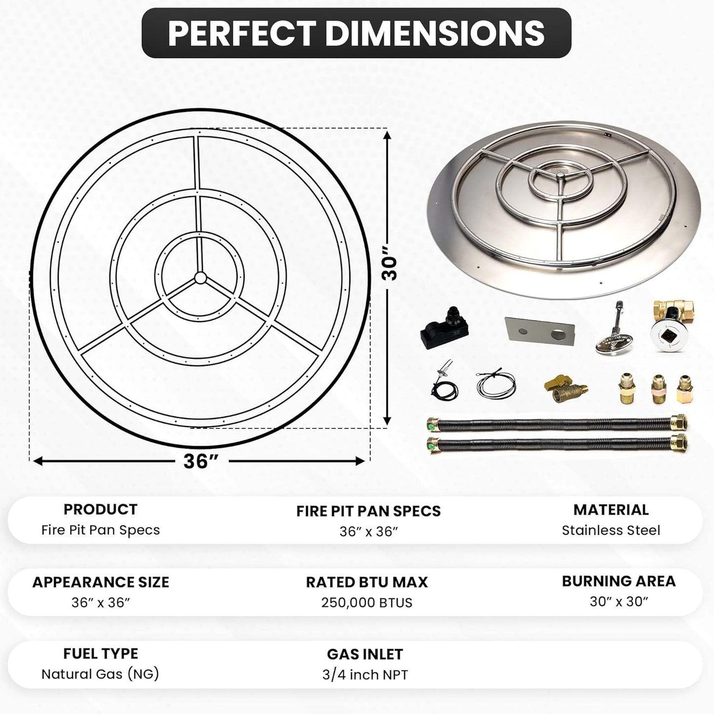 Stainless Steel Fire Pit Burner Pan & Ring Deluxe Kit for Natural Gas, 36-Inch Pan, 30-Inch Ring, 250,000 BTU Max