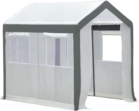 Outsunny 8' x 6' x 7' Walk-in Greenhouse, Outdoor Garden Warm Hot House with 4 Roll-up Windows, 2 Zippered Doors and Weather Cover, White