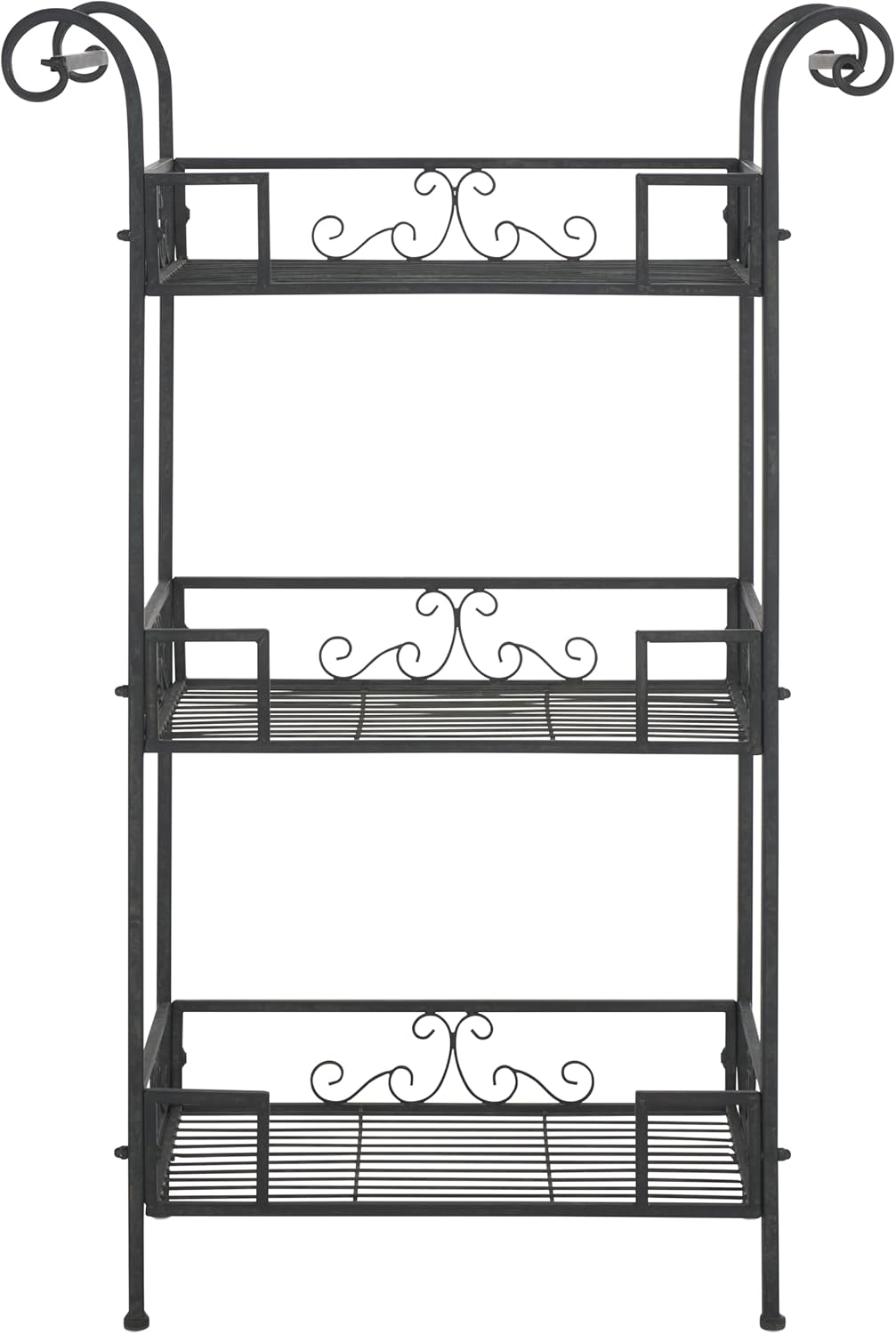 SAFAVIEH Outdoor Collection Noreen Victorian Scroll Antique Black Iron 3-Tier Shelf