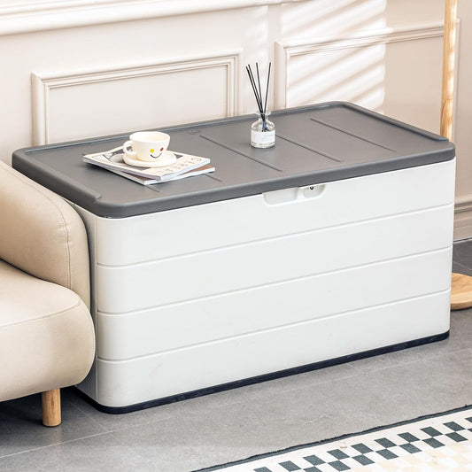 100 GAL Resin Deck Box - Lockable Waterproof Outdoor Storage Bench for Patio Cushions, Garden Tools & Pool Accessories - Wood-Look Texture, White