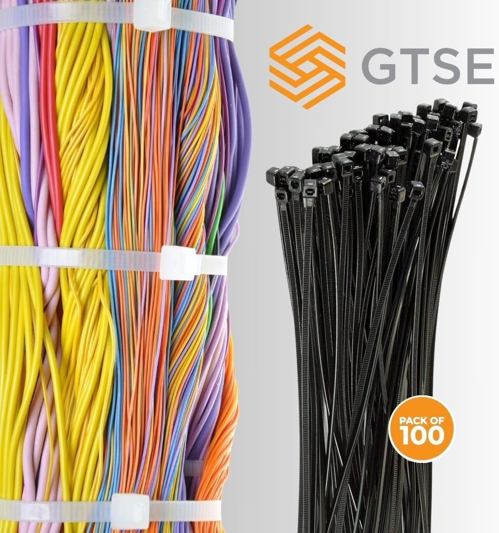 GTSE 12 Inch Black Zip Ties, 100 Pack, 40lb Strength, UV Resistant Long Nylon Cable Ties, Self-Locking 12" Tie Wraps
