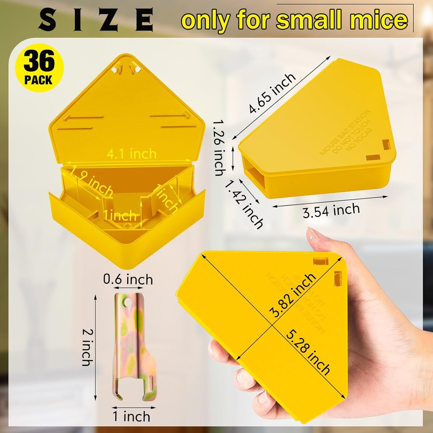 Qualirey 36 Pcs Mice Station with Key Triangle Bait Station Reusable Rodent Trap Bait Box, Keeps Children and Pets Safe Indoor & Outdoor, Bait Not Included, Suitable for Small Mice (Yellow)