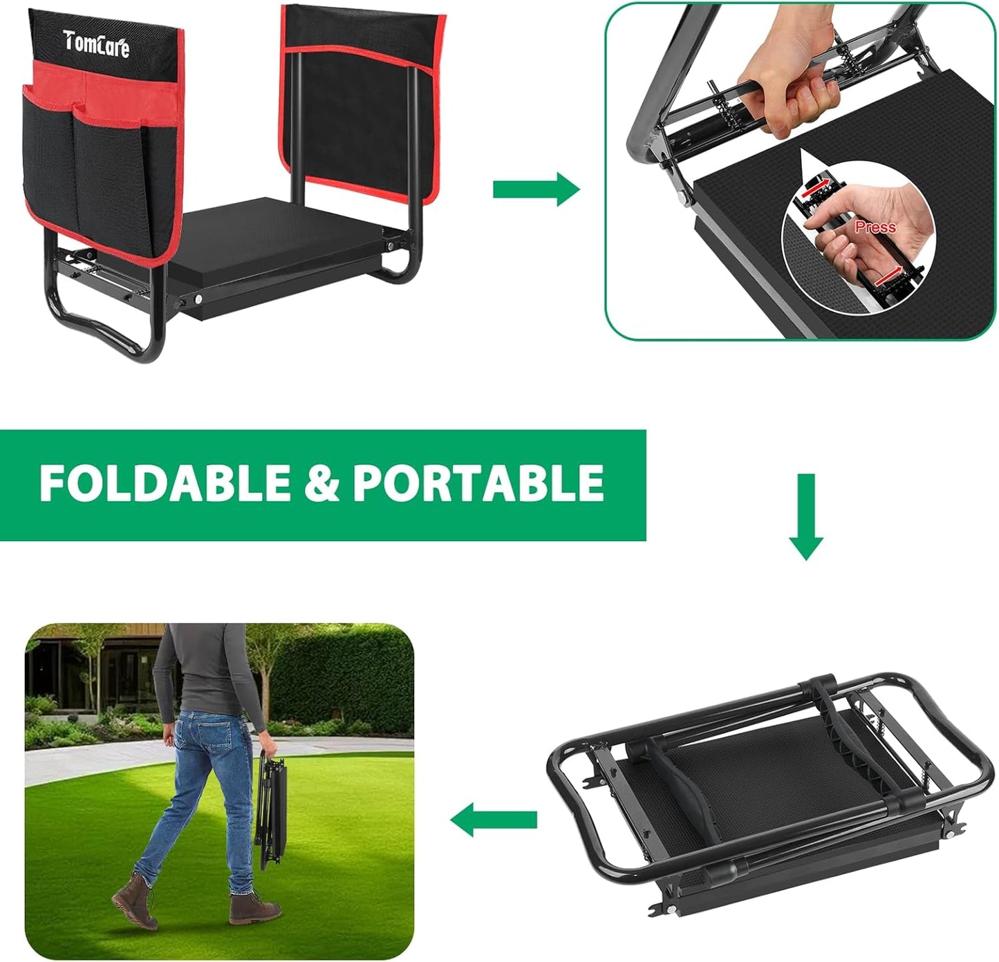TomCare Garden Kneeler and Seat 10.64” Wider Larger Soft Kneeling Pad Garden Bench with 2 Large Tool Pouches Heavy Duty Garden Stool Foldable Tools Gardening Gifts for Women Men Gardeners,Black