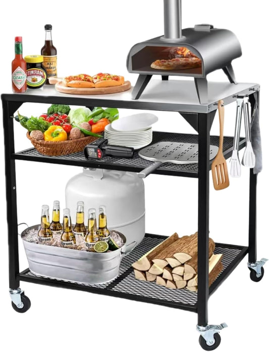 Pizza Oven Table for Ninja Woodfire, Blackstone, Cuisinart, 32x24 Inch Stainless Steel Outdoor Grill Prep Cart with Hooks, Portable Food Station