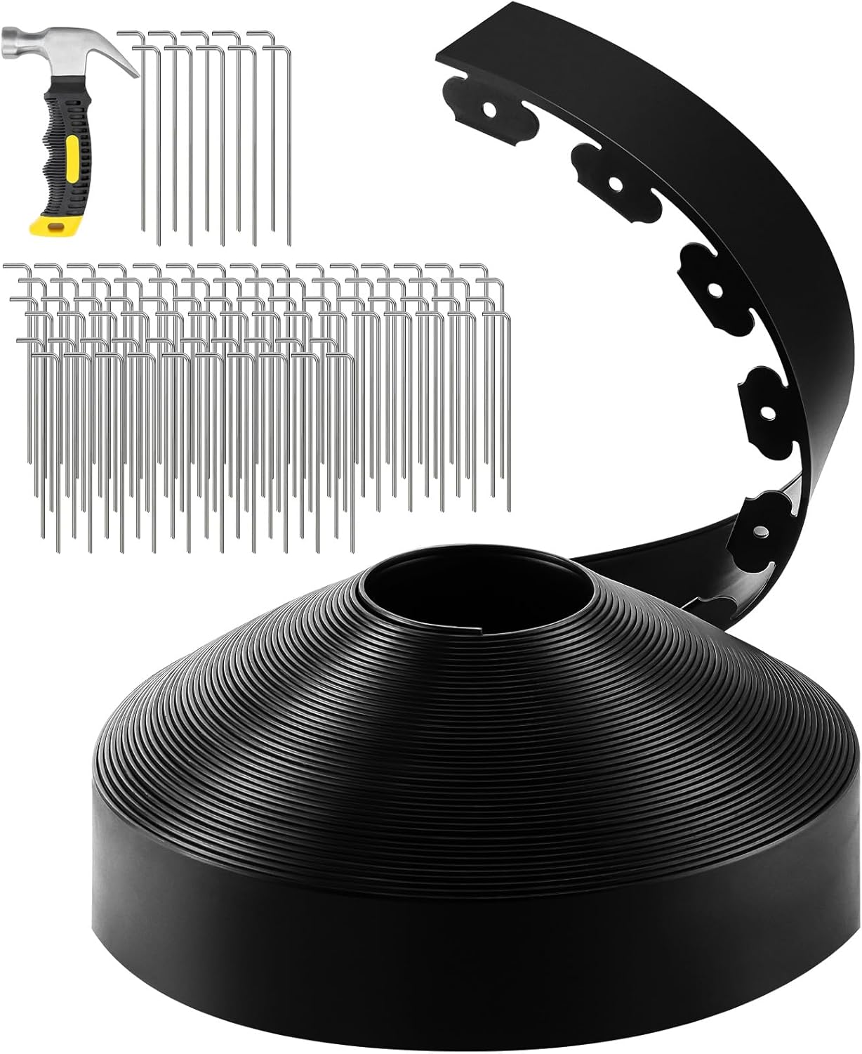 GROWNEER 100FT Landscape Edging Flexible 4 inch Tall Garden Border with 90pcs Galvanized Steel Anchoring Spikes and Hammer Lawn Edging Kit for Flower Bed, Pathway, Landscaping Project, Black
