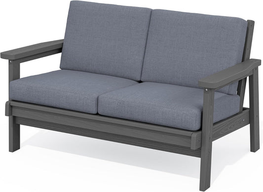 SERWALL HDPE Outdoor Patio Loveseat, Grey Frame and Grey Cushion