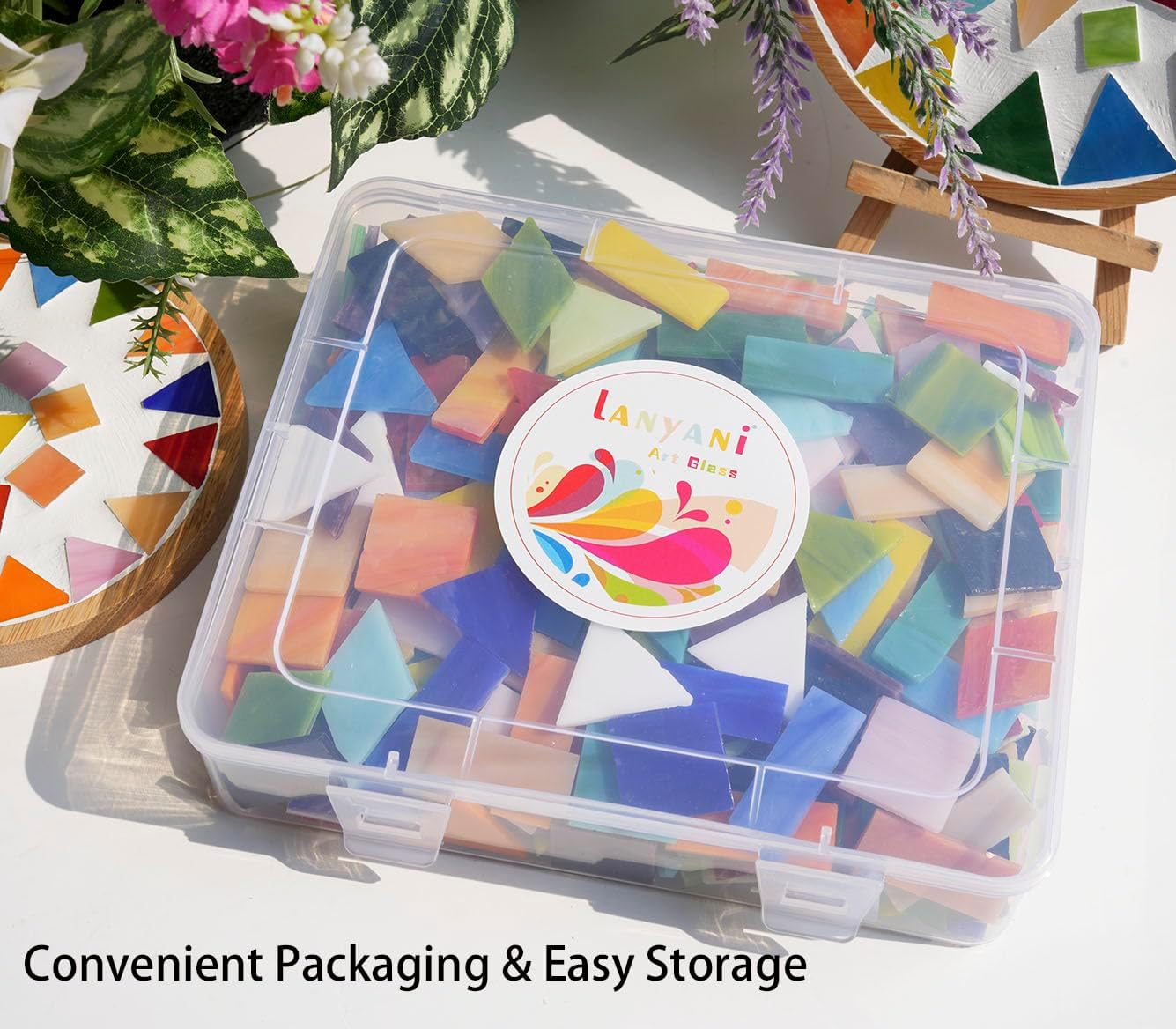 Lanyani 2.4lb Bulk Extra-Large Mosaic Glass Tiles, Opaque Stained Glass Tile Mosaic Pieces in Vibrant Mixed Colors, 4 Shapes for DIY Crafts and Hobbies