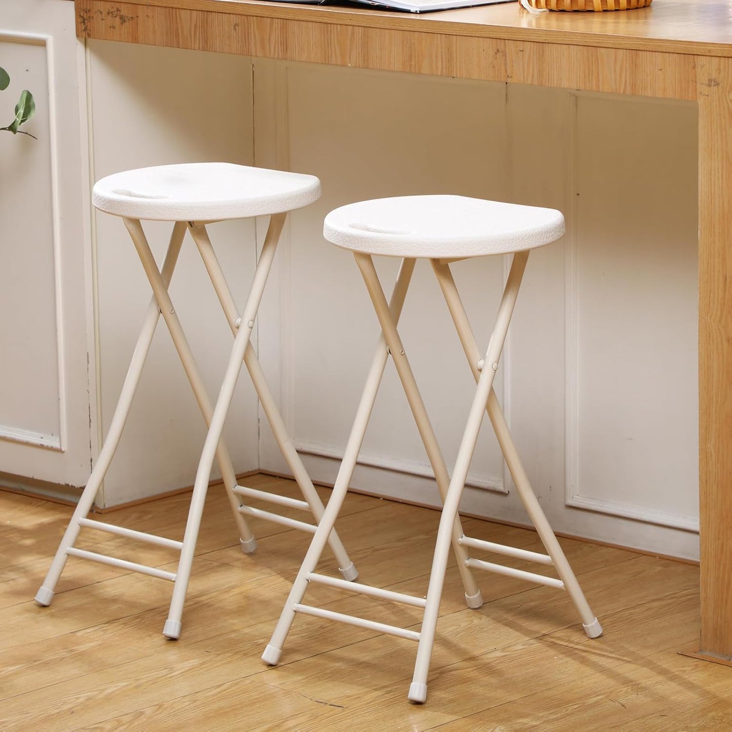 Suzile 2 Pcs 24 Inch Tall Folding Chair Portable Plastic Stool Chair Heavy Duty Foldable Bar Stools with Handle for Adults Kitchen Counter Room Home Camping Indoor Outdoor, 300lbs Capacity (White)