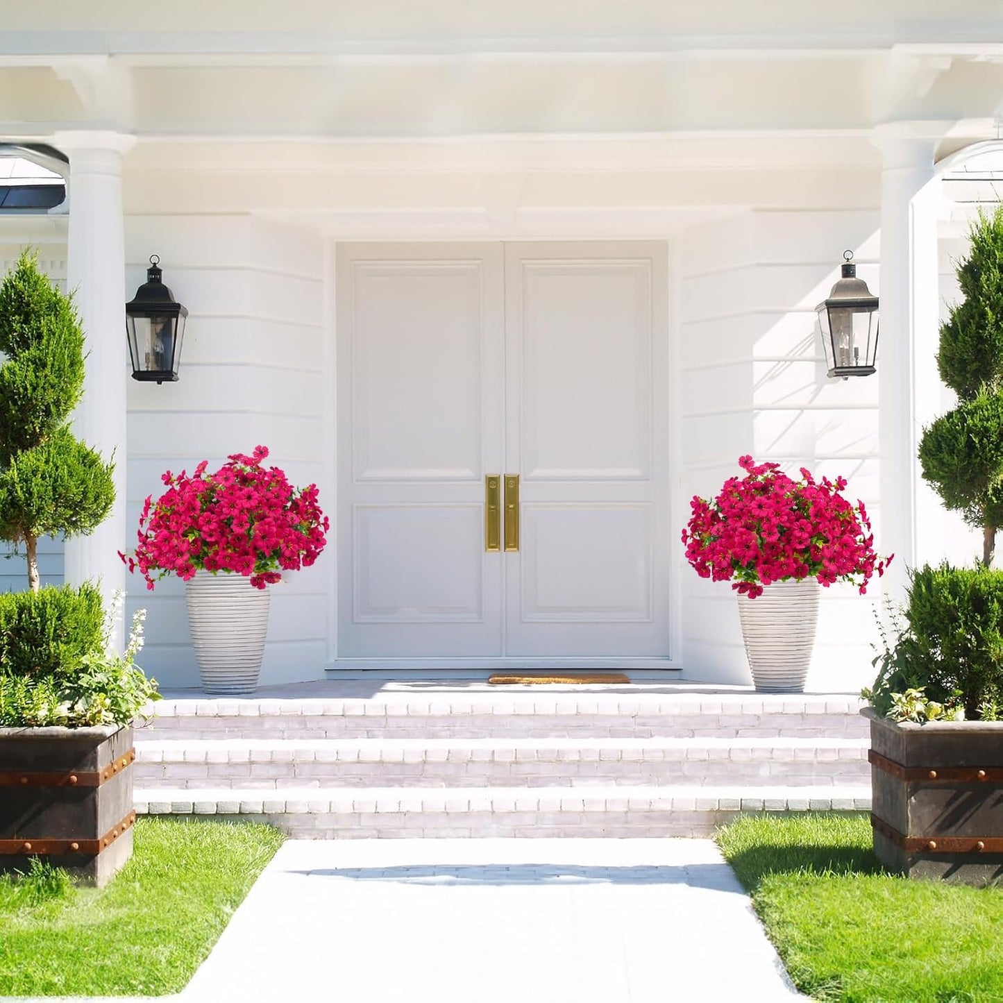 Artificial Fake Flowers for Outdoor Spring Decoration, 16 Bundles Faux Silk Colorful Daisy UV Resistant Realistic for Outside Porch Patio Home Yard Garden Planters Pots Window Box (Rose Red)