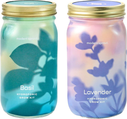 Modern Sprout New & Improved Mason Jar Grow Set, Indoor Herb Garden, Seed Starter Set, Organic Seeds, Hydroponic Growing (Basil + Lavender)