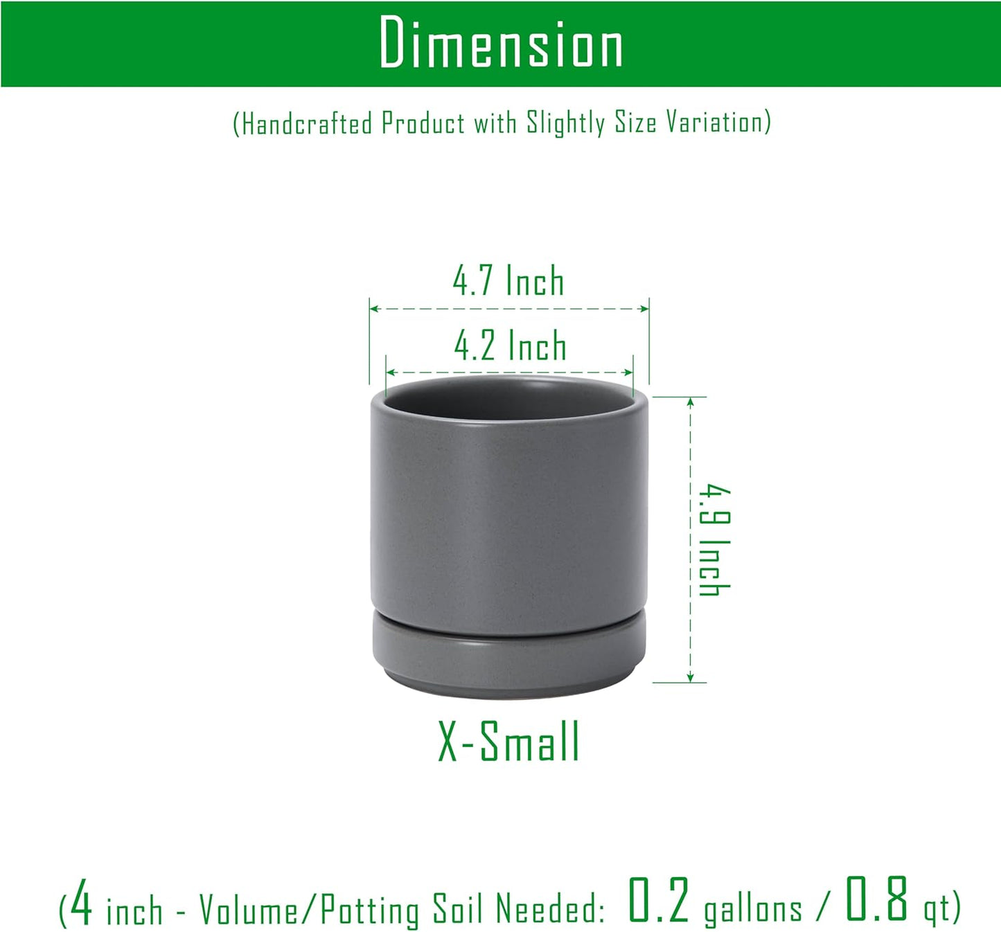 D'vine Dev 4.7 Inch Ceramic Planter Pot with Drainage Hole and Saucer, Indoor Cylinder Round Planter Pot, Grey, 94-O-B-3