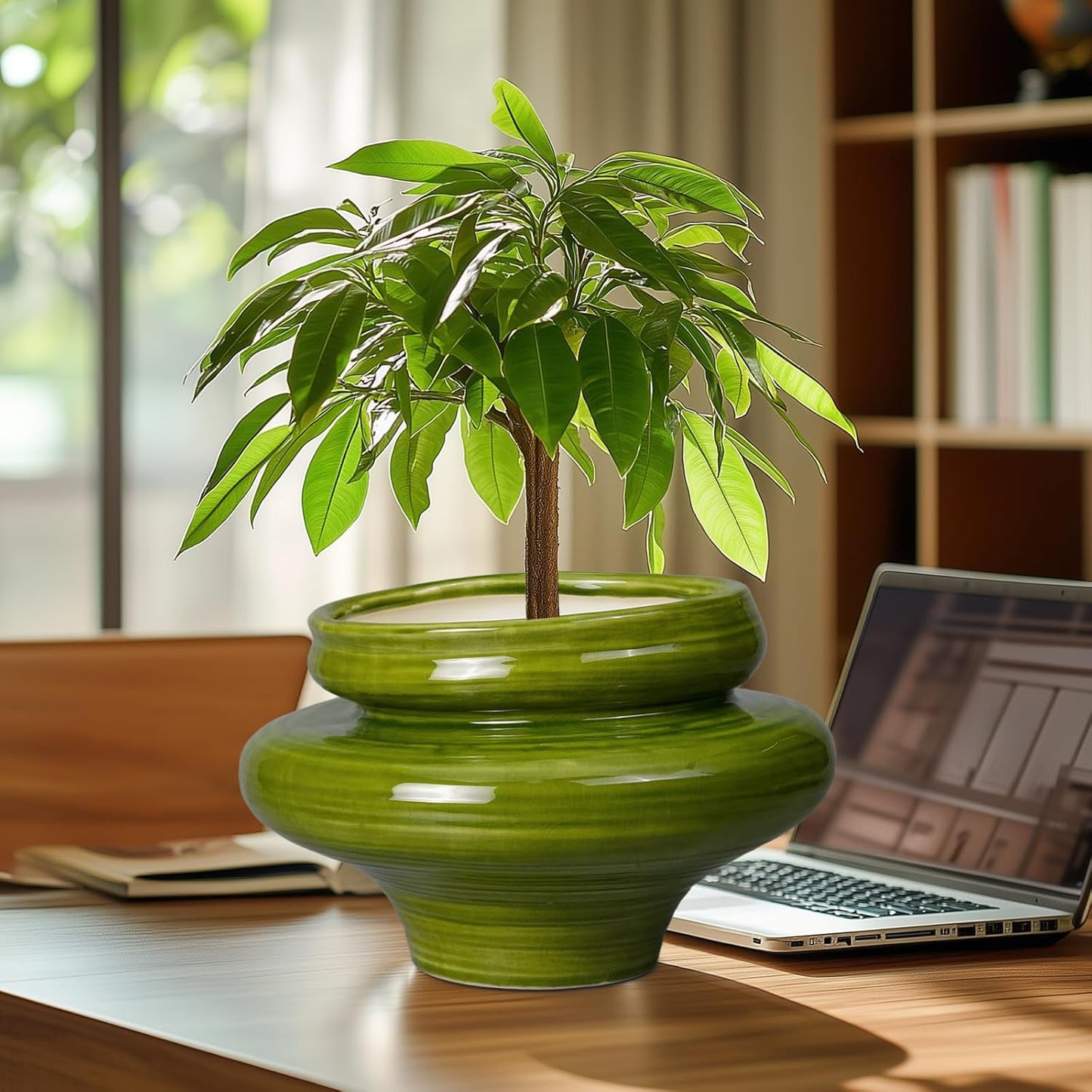 Ceramic Planters for Indoor Plants 11 Inch - Bonsai Plant Pots Outdoor, Large Planters for Indoor Plants, Green Planter with Drainage Hole, Flower Pot for Garden Decor, Gift for Women Men