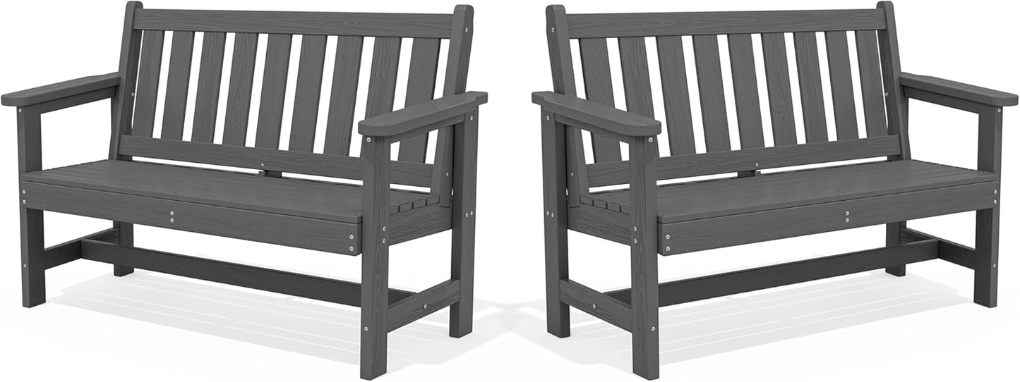 SERWALL Outdoor Bench, HDPE Outdoor Benches Weatherproof, 2-Person Garden Bench with 660 lbs Weight Capacity, Patio Benches for Outdoors, Garden, Porch, Backyard and Park, Grey, 2 Pack