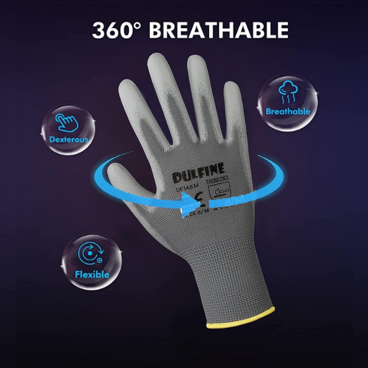 DULFINE Men's Large Grey 60 Pairs Safety Work Gloves with Thin Polyurethane Coating for General Light to Medium Duty Tasks