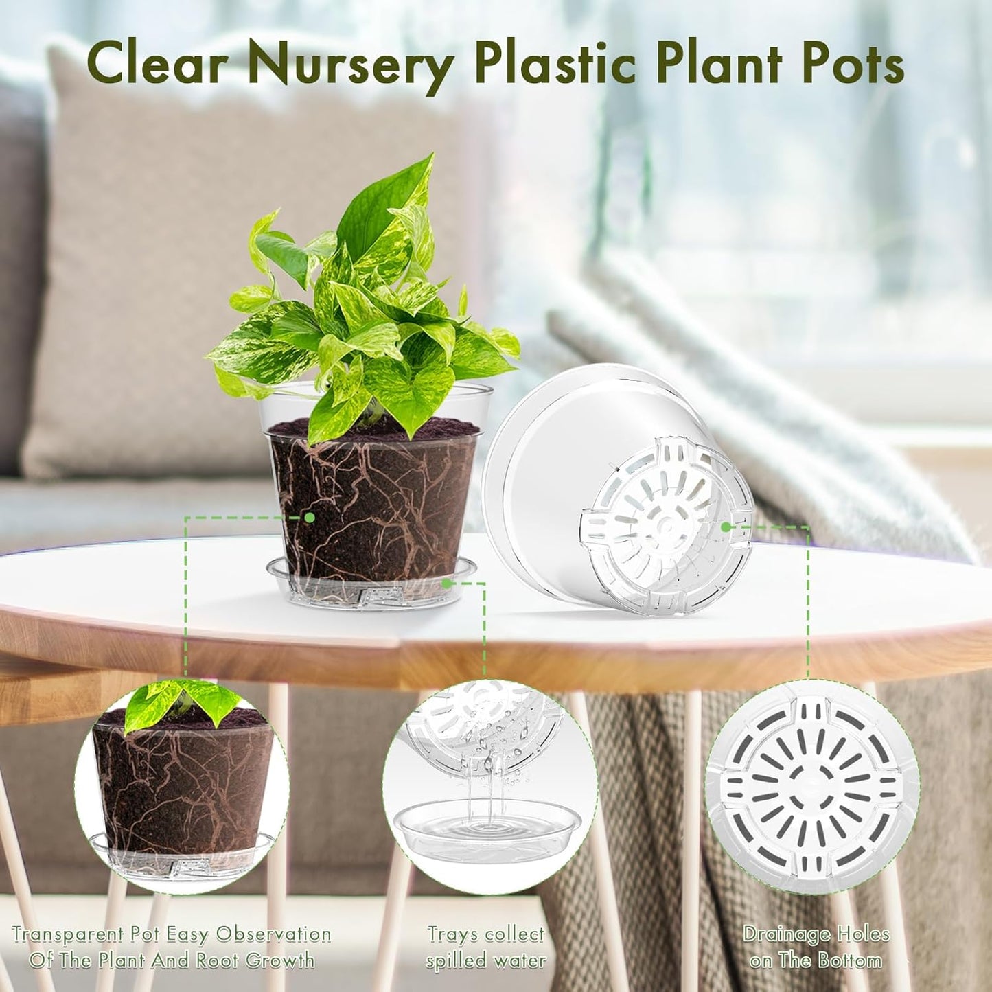 3 Inch Clear Nursery Pots, 30 Pack Highly Transparent Plastic Seedling Starter Planters with Drainage Holes and Trays for Flowers, Small Plant Pots for Indoor Plants
