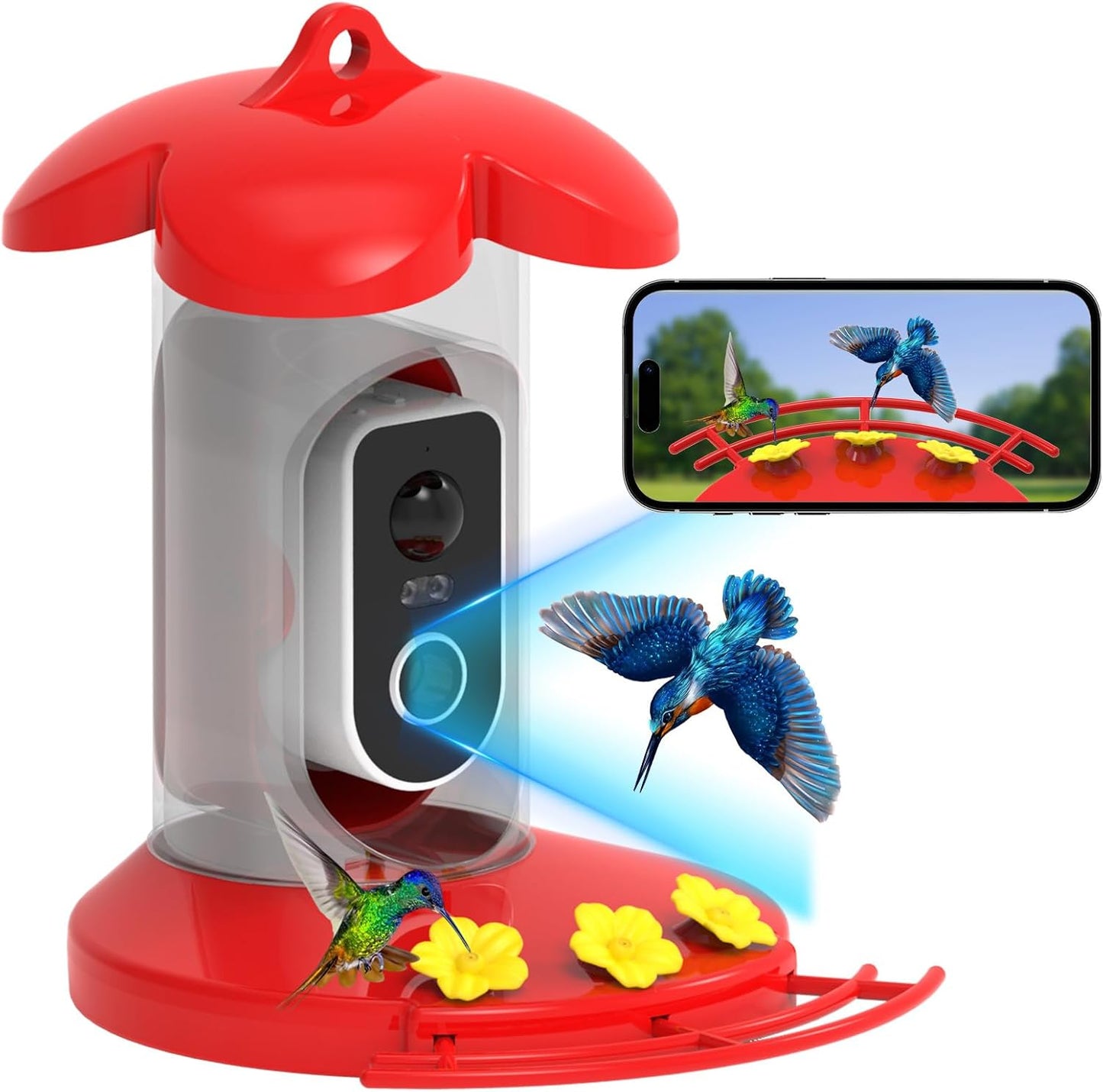 Hummingbird Feeder with Camera for Outdoor - 2K QHD Video, Instant Notifications & AI Bird Species, Ant Moat, Bee Proof, Motion Detection, 2.4G WiFi, Signal Booster, Gift for Bird Lovers (Red)