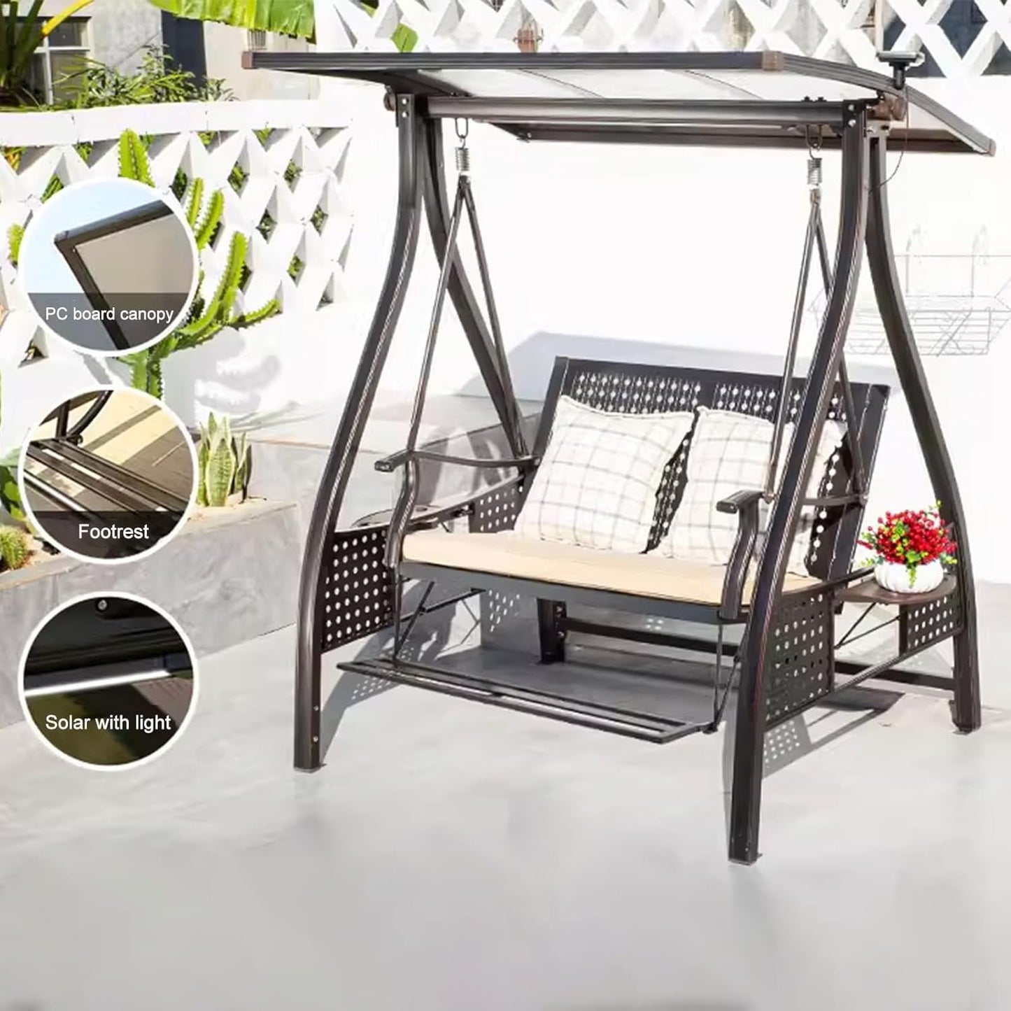 2/3-Seat Outdoor Patio Porch Swing with Adjustable Aluminum Alloy Canopy Solar Patio Swing Chair Bench with Footrest Side Cup Holder for Backyard Lawn (AEBS Red Copper-2 Seat)