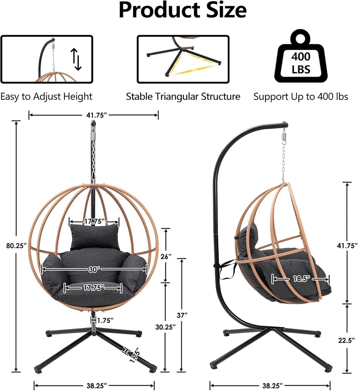 Egg Chairs Outdoor, Metal Hanging Egg Chair with Cushions, Heavy Duty 400LBS Imitation Wicker Egg Swing Chair with Stand, 80" H Hanging Chairs Cozy Basket Seat for Bedroom/Balcony, Charcoal