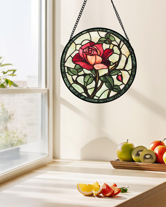 Stained Glass Window Hanging, Red Rose Flowers Sun Catcher for Door Garden Home Decor Suncatcher Christmas Mother's Day Birthday Gifts for Women Lovers Men Wife Girlfriend Mom Nana 6.3 in