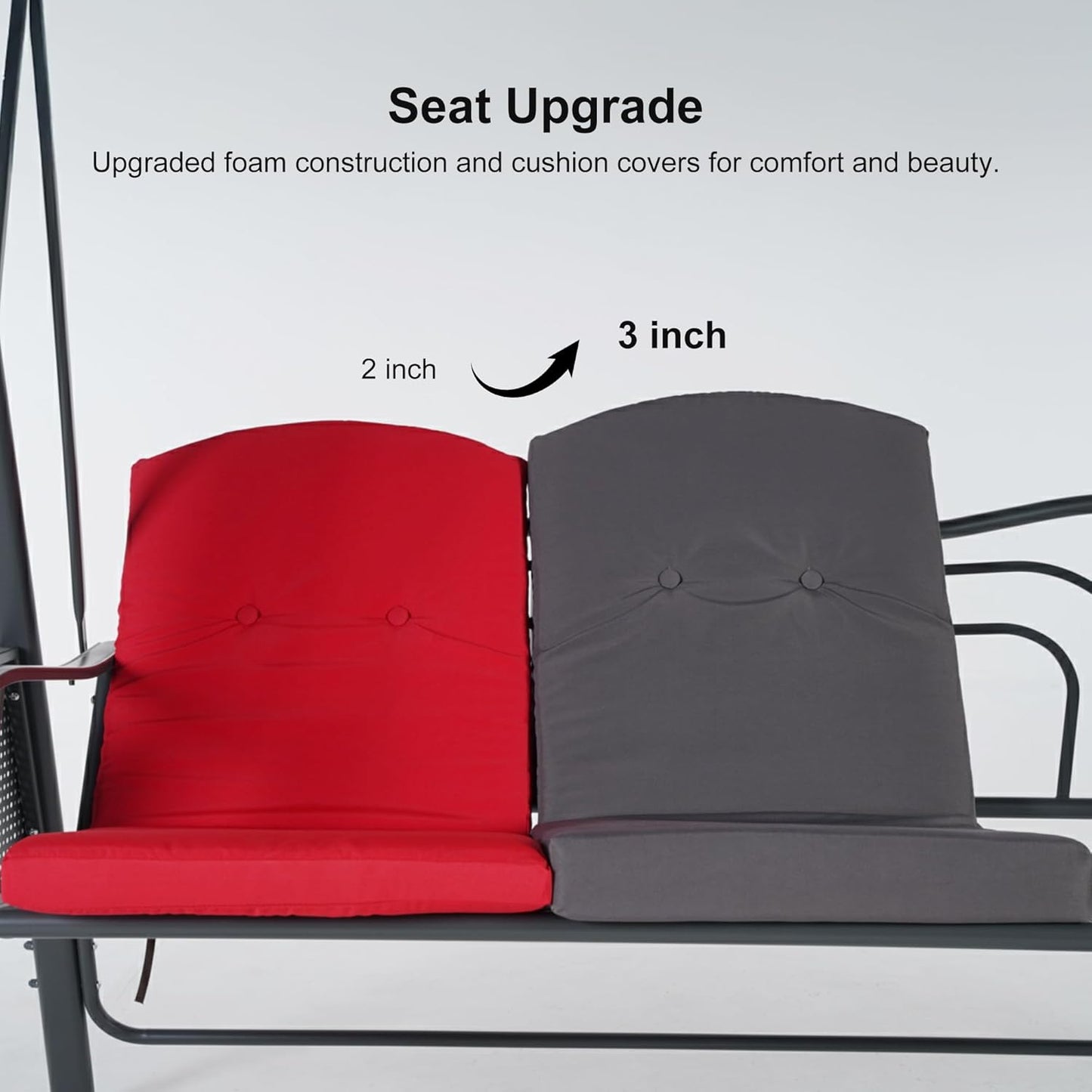 PURPLE LEAF Outdoor Patio Porch Swing with Stand, 3-seat Swing Chair with Adjustable Tilt Canopy All-Weather Steel Frame for Backyard Front Porch Lawn, Cushions and Pillow Included, Grey