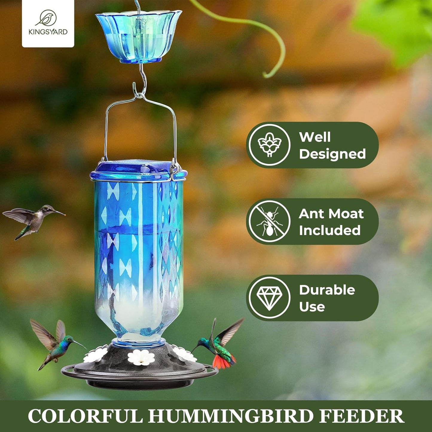 Kingsyard Glass Hummingbird Feeder for Outdoor Hanging, 24 Ounces, 6 Feeding Ports, Bird Nectar Feeder for Garden Décor, Ant Moat Included, Blue