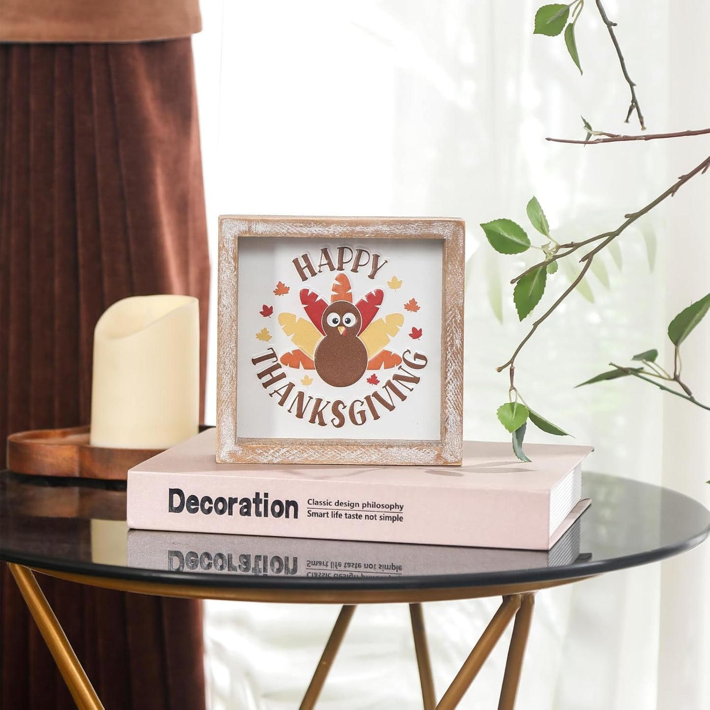 Embossed Happy Thanksgiving Sign, Thanksgiving Decorations for Table Cubicle Desk Mantel Fireplace, Vintage Autumn Decor Indoor Wooden Turkey Sign