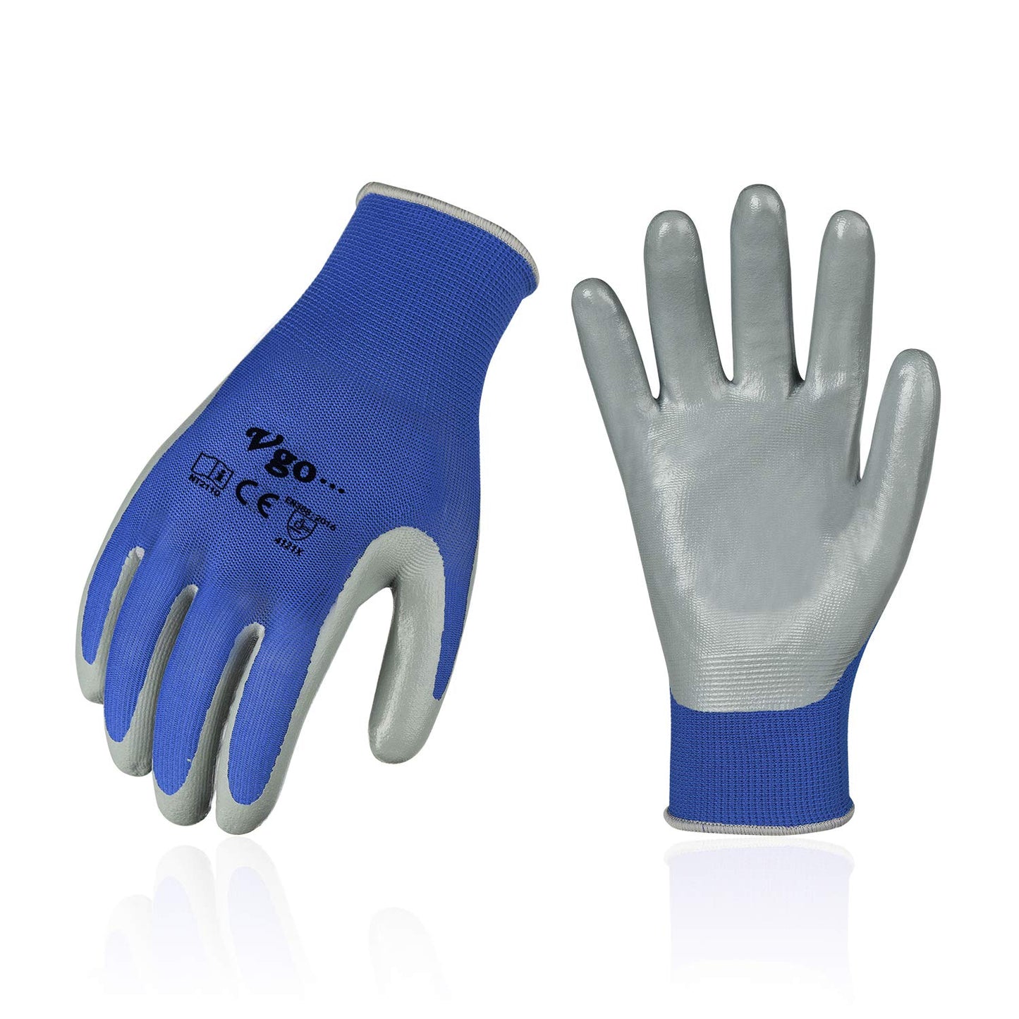 Vgo... 10-Pairs Safety Work Gloves, Gardening Gloves, Non-slip Nitrile coating, Dipping Gloves (Size XL, Blue, NT2110)