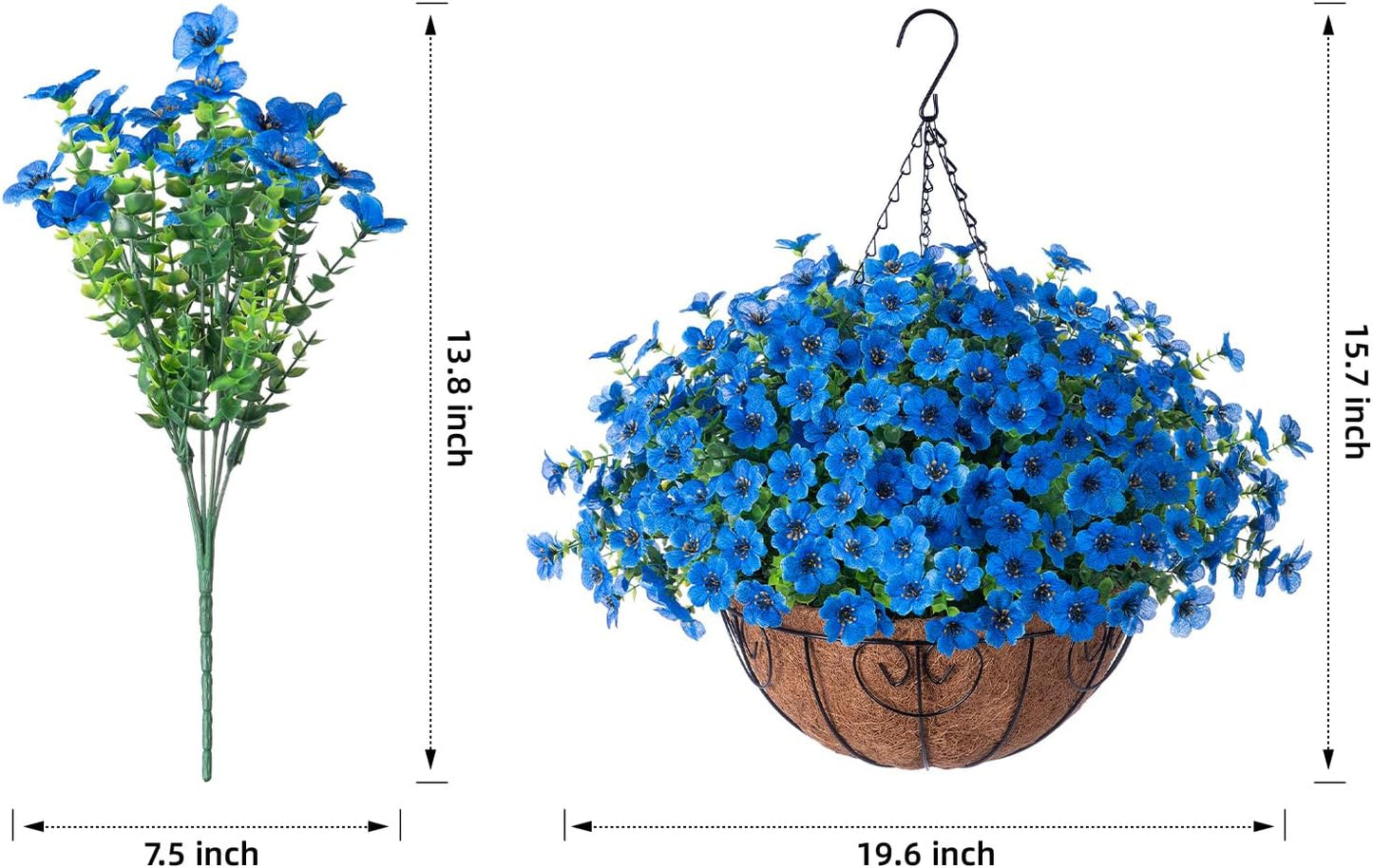 Artificial Fake Hanging Plants Flowers with Basket Outdoor Decor Faux Silk Daisy Flower Arrangements in Pot Planter for Porch Home Indoor Patio Garden Yard Decoration, Blue