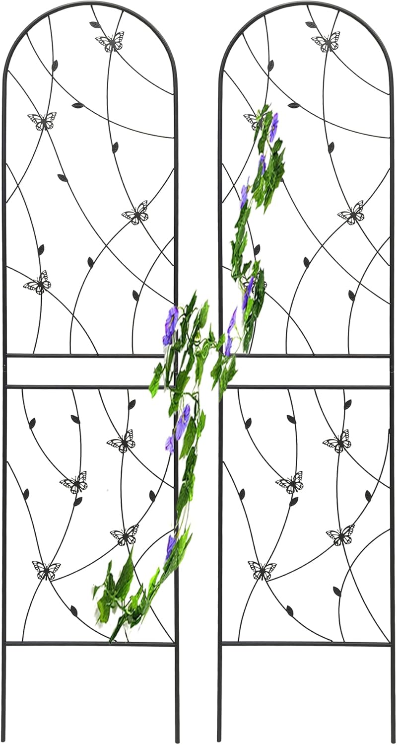 2 Pack Metal Garden Trellis for Climbing Plants, 86.7" Tall Rustproof Outdoor Trellis Panel with Butterfly Design, Decorative Black Iron Plant Support for Vine, Rose, Flower, Garden Wall