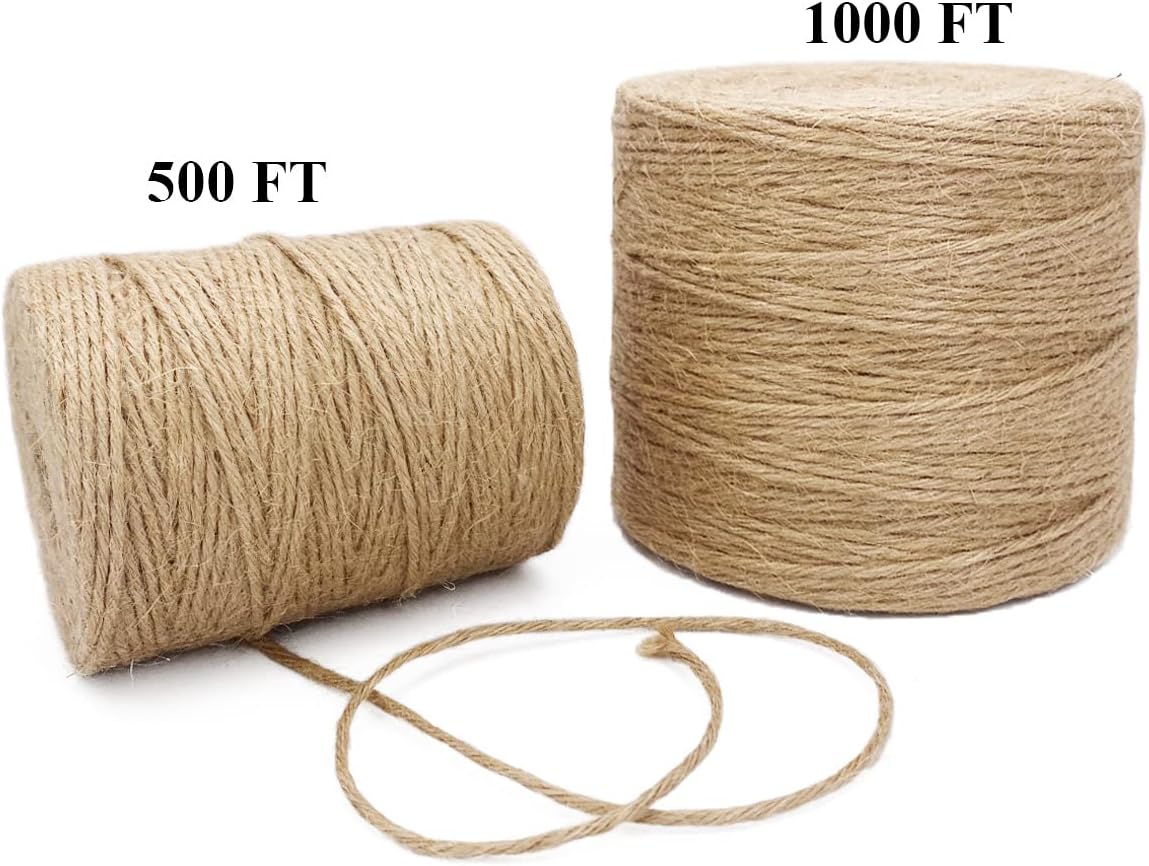 500FT Jute Twine Rope 3mm Natural Thick Garden Twine String Heavy Duty for Gardening Bundling Crafts Arts Gift Wrapping Packing Material Wedding Christmas Decoration Bulk