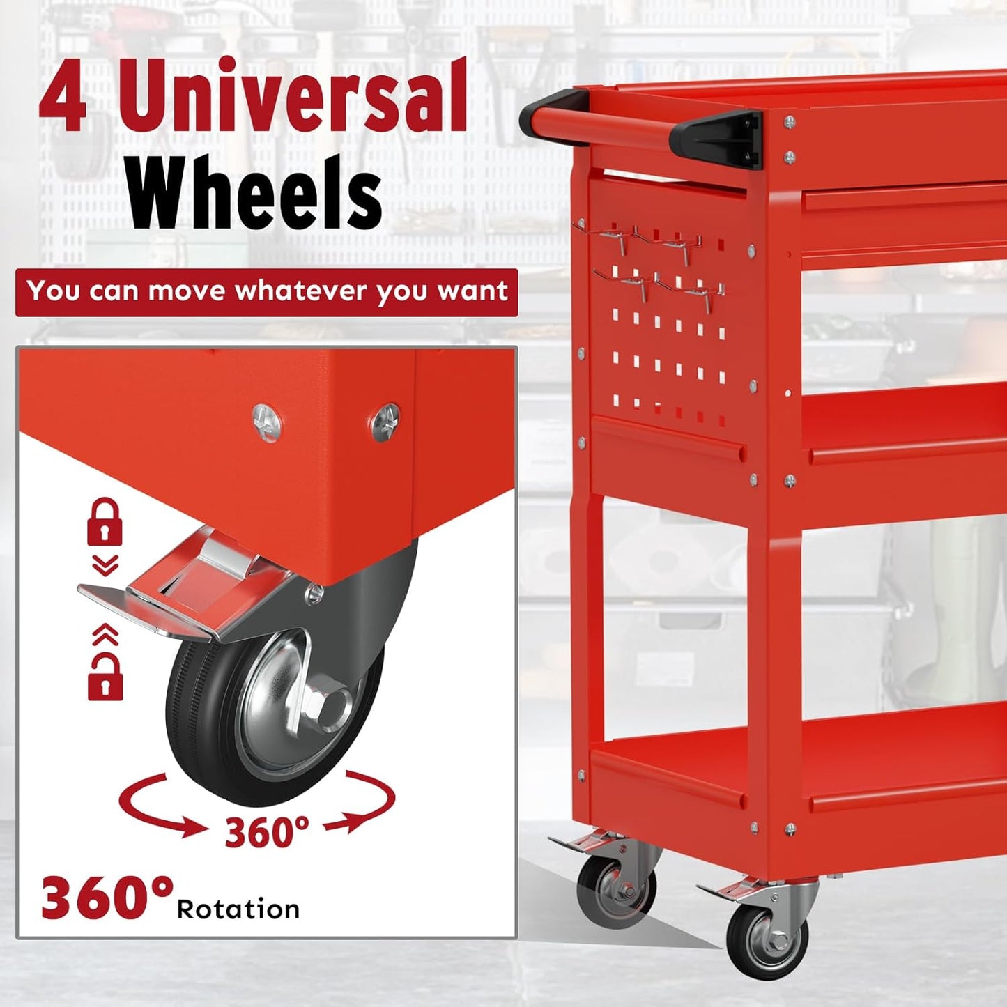 3 Tier Rolling Cart, Heavy Duty Utility Industrial Service Carts on Wheels, Metal Tool Cart with Locked Drawers, Ideal for Garage, Warehouse and Repair Shop（Red）