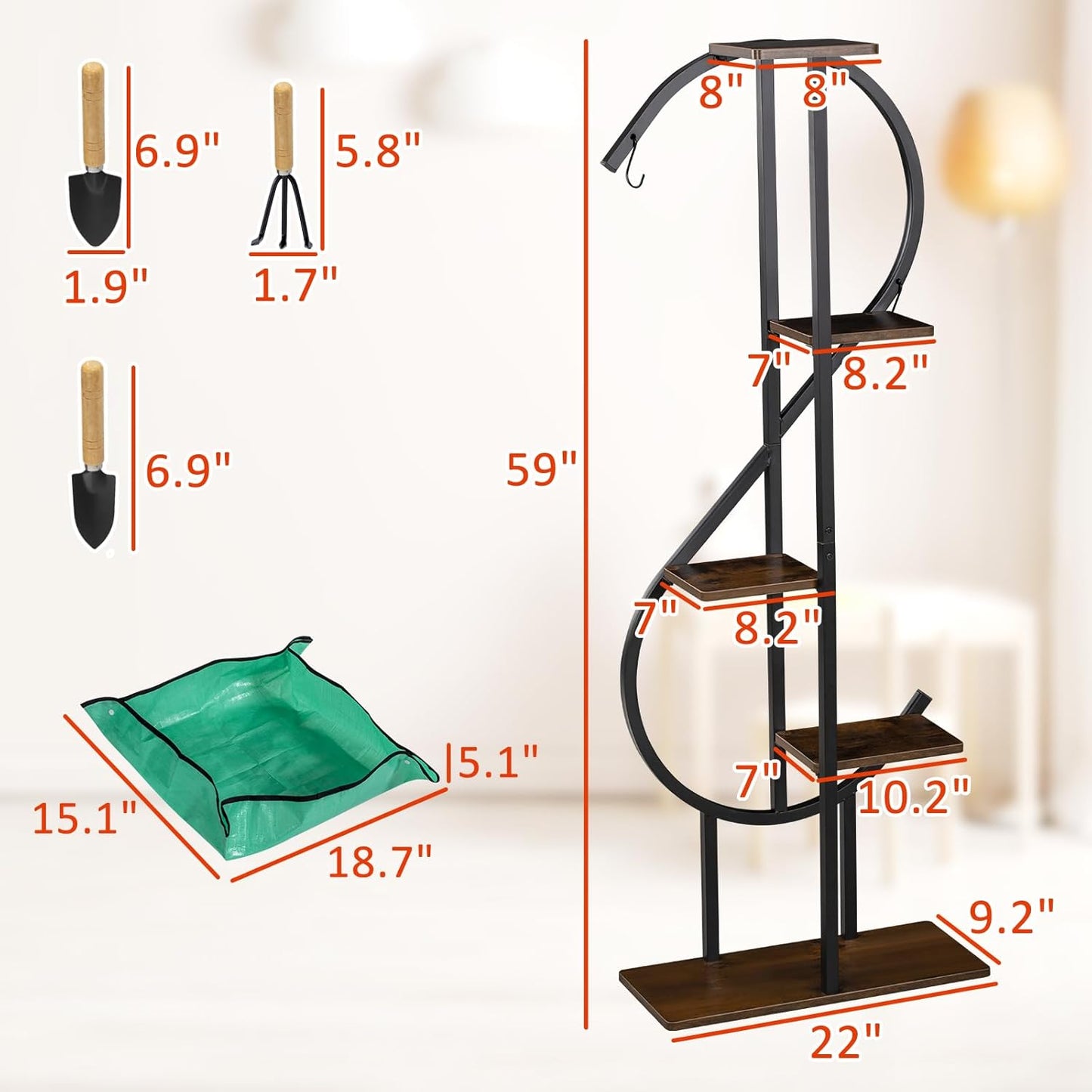 5-Tier Indoor Plant Stand, S-Shaped Corner Plant Stand with hanging Hooks & Gardening Tools, Aesthetic Tall Plants Shelf for Multiple Plants Flower Pot, Outdoor Plant Holder in Patio Balcony