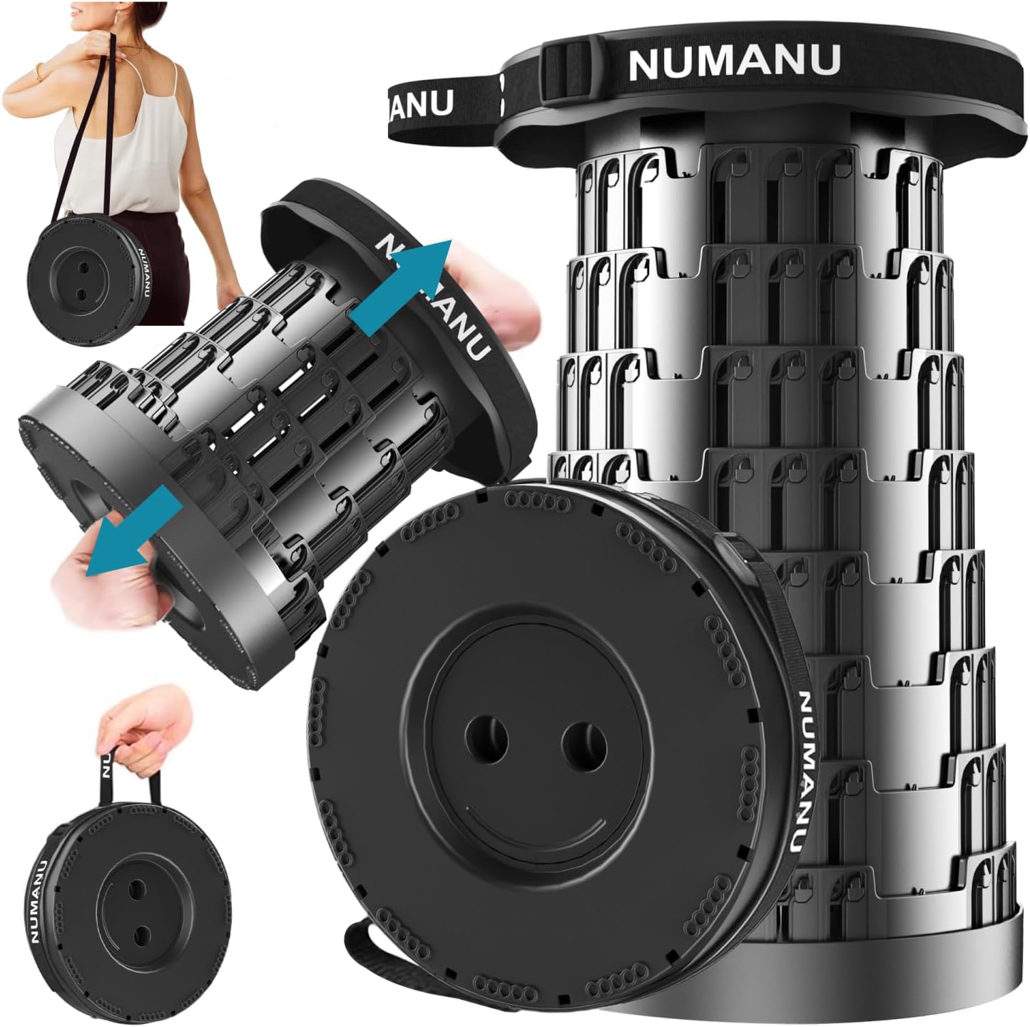 2025 Upgraded Collapsible Stool, Max 620lb, Height Adjustable Retractable Telescopic Seat, Portable Folding Stool, Travel Chair, Foldable Camping Seat or Footrest for Camping & Outdoors, 18" H