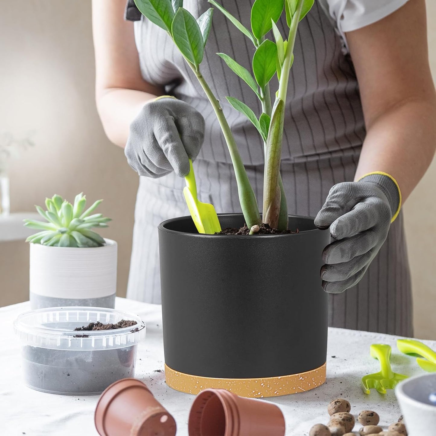 8 Inch Cylinder Plant Pots for Indoor Outdoor Plants, Medium Deep Flower Pots with Drainage Holes & Saucer, Decorative Plastic Planter Pots for Garden House Plants, Black with Brown