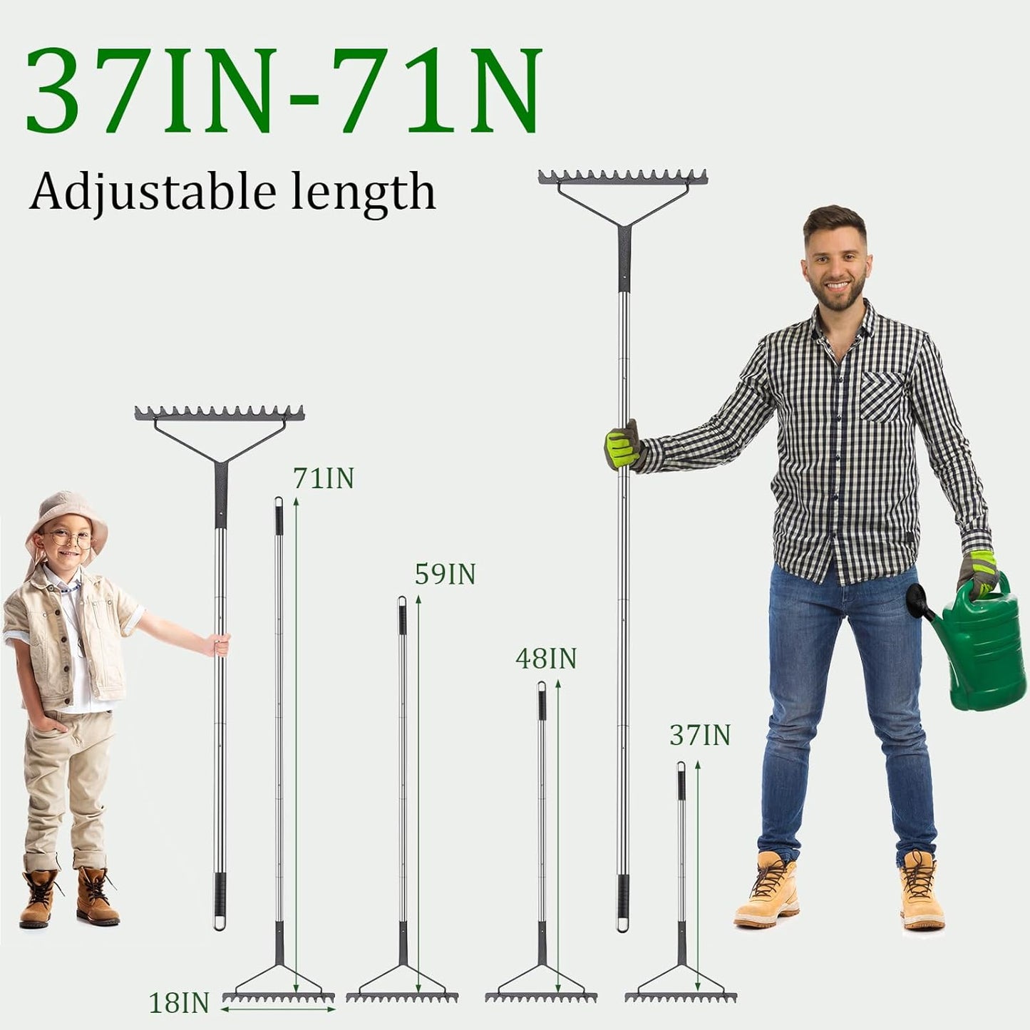 Sturdy Garden Rakes for Leaves: Metal Rake Heavy Duty Tool for Quick Clean Up of Lawn and Yard, 38’’--63’’ Adjustable Long Handle and 14Tines
