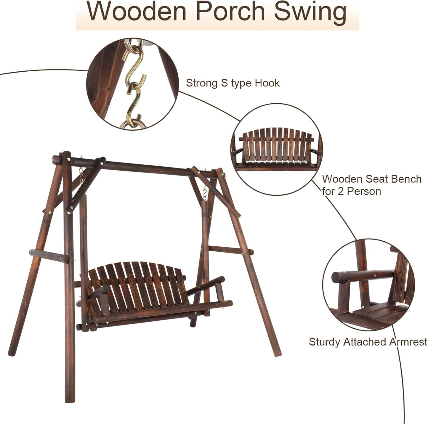 VINGLI Heavy Duty 880 LBS Wooden Patio Porch Swing with A-Frame Stand, Hanging Swing Bench Chair with Frame for Outside, Yard, Garden (Rustic Sequoia Dusk)