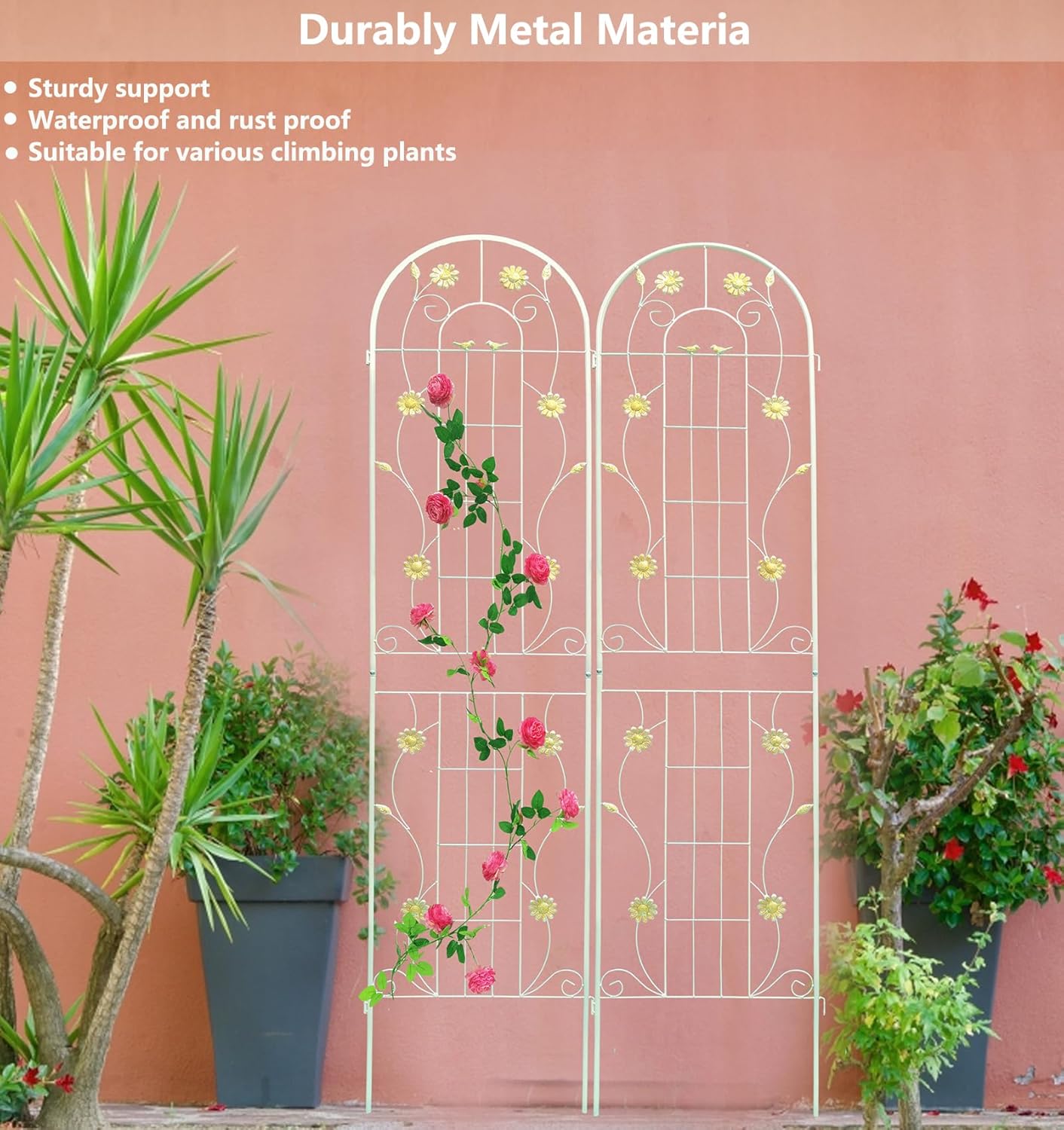 2 Pack Metal Garden Trellis 86.7" H Garden Fence Rustproof Trellis Cream White for Climbing Plants Support Roses Flower Cucumber Outdoor Lawn, Cream White
