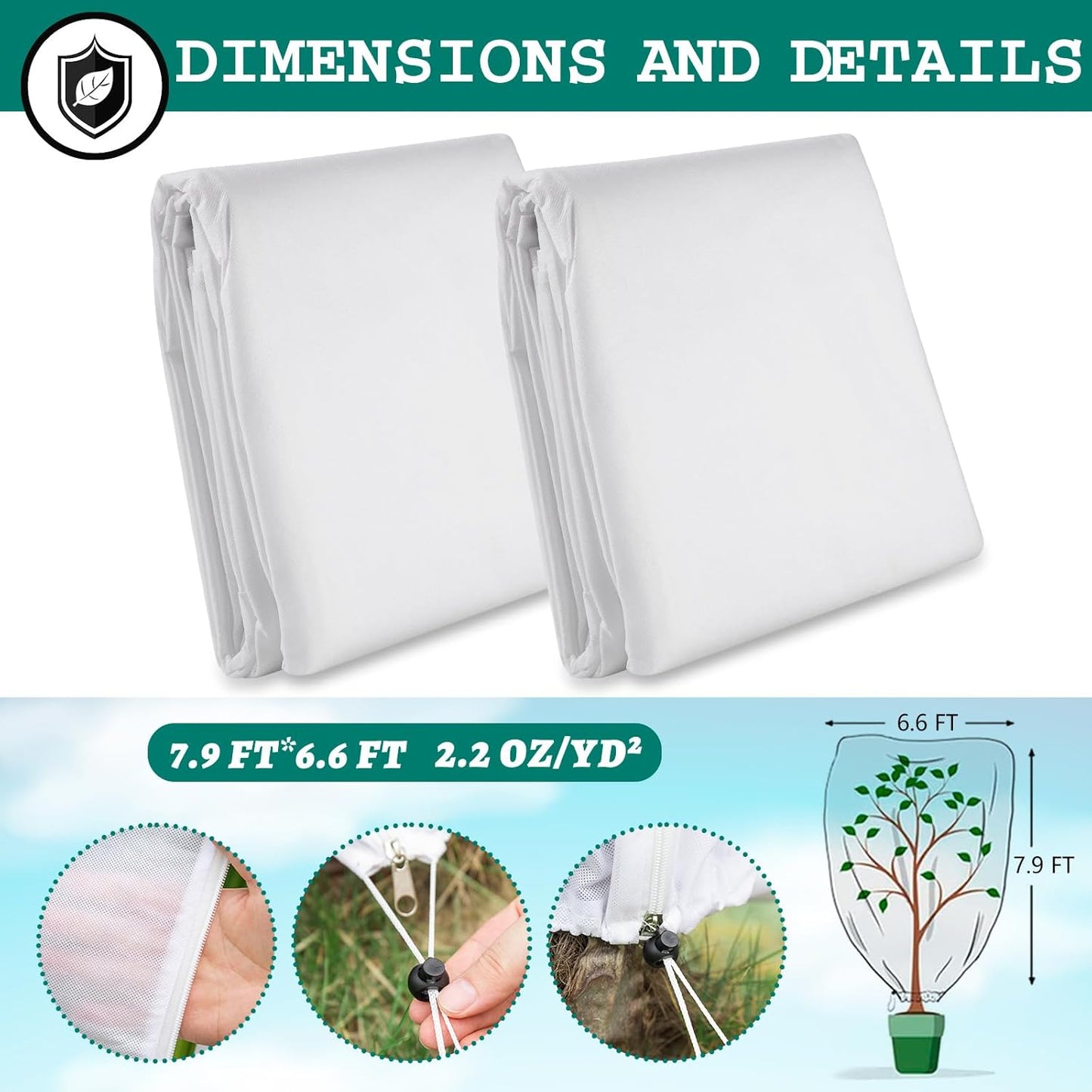 2 Pcs Tree Covers for Winter, Plant Covers Freeze Protection with Drawstring and Zipper, 2.5 oz/yd² 7.9 X 6.6 Ft, Reusable Winter Plant Protector Bag for Protect Trees Shrubs from Cold Frost