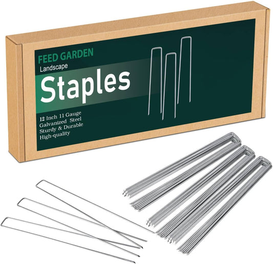 FEED GARDEN 12 Inch 100 Pack Galvanized Landscape Staples 11 Gauge Anti-Rust Garden Stakes Landscaping Fabric SOD Pins Yard Stakes for Weed Barrier Fabric
