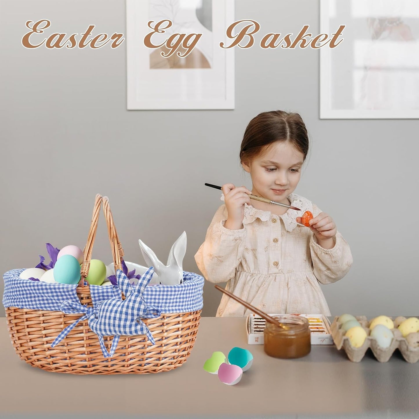 G GOOD GAIN Wicker Picnic Basket with Double Folding Handles,Willow Picnic Hamper,Natural Hand Woven Easter Basket,Easter Eggs and Candy Basket,Bath Toy and Kids Toy Storage,Gift Packing Basket.Blue