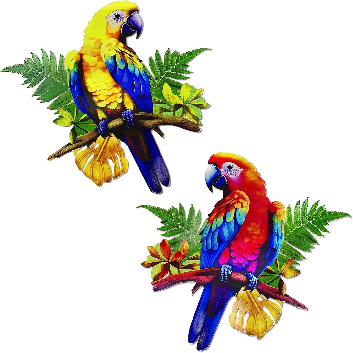 ULENDIS 2 Pack Metal Parrot Wall Decor, 11.8" Bright Color Tropical Bird Macaw Outdoor Wall Art Patio Fence Decorations, Hanging Bird Decor for Garden Yard Living Room Bedroom Balcony
