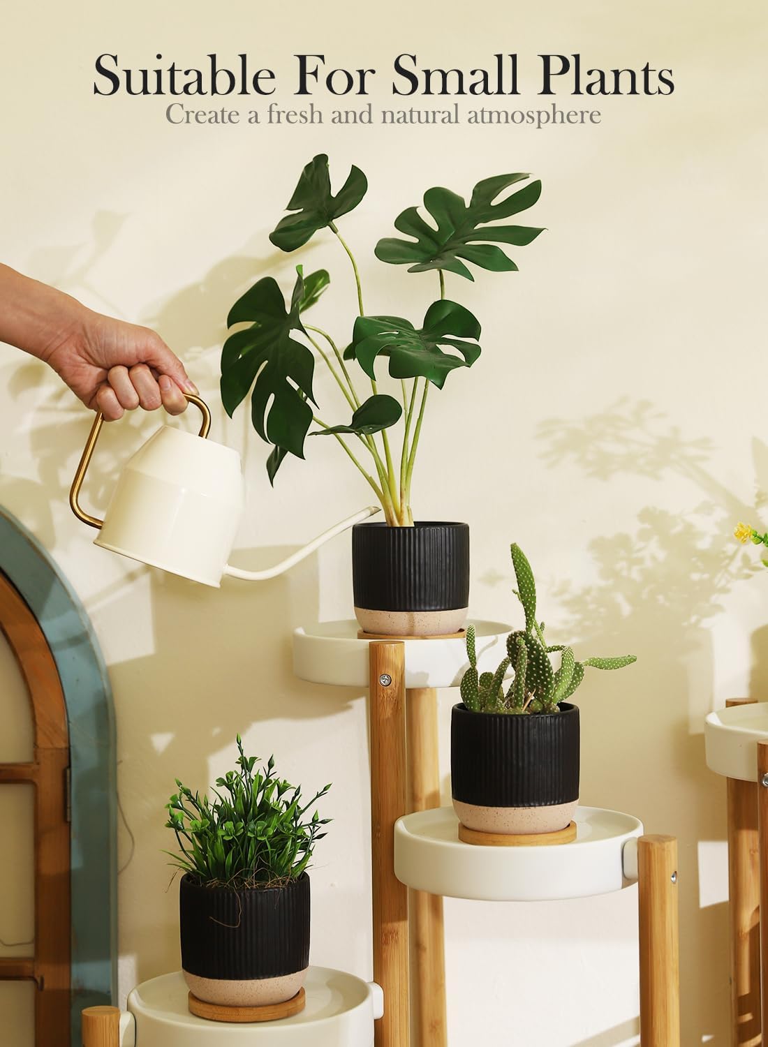 AOMRYOM 4 Inch Small Ceramic Plant Pots with Drainage Hole and Saucer, Modern Flower Planter for Succulent, Indoor Plants, Cactus, Herbs, Black, Set of 4 (Plant Not Included)