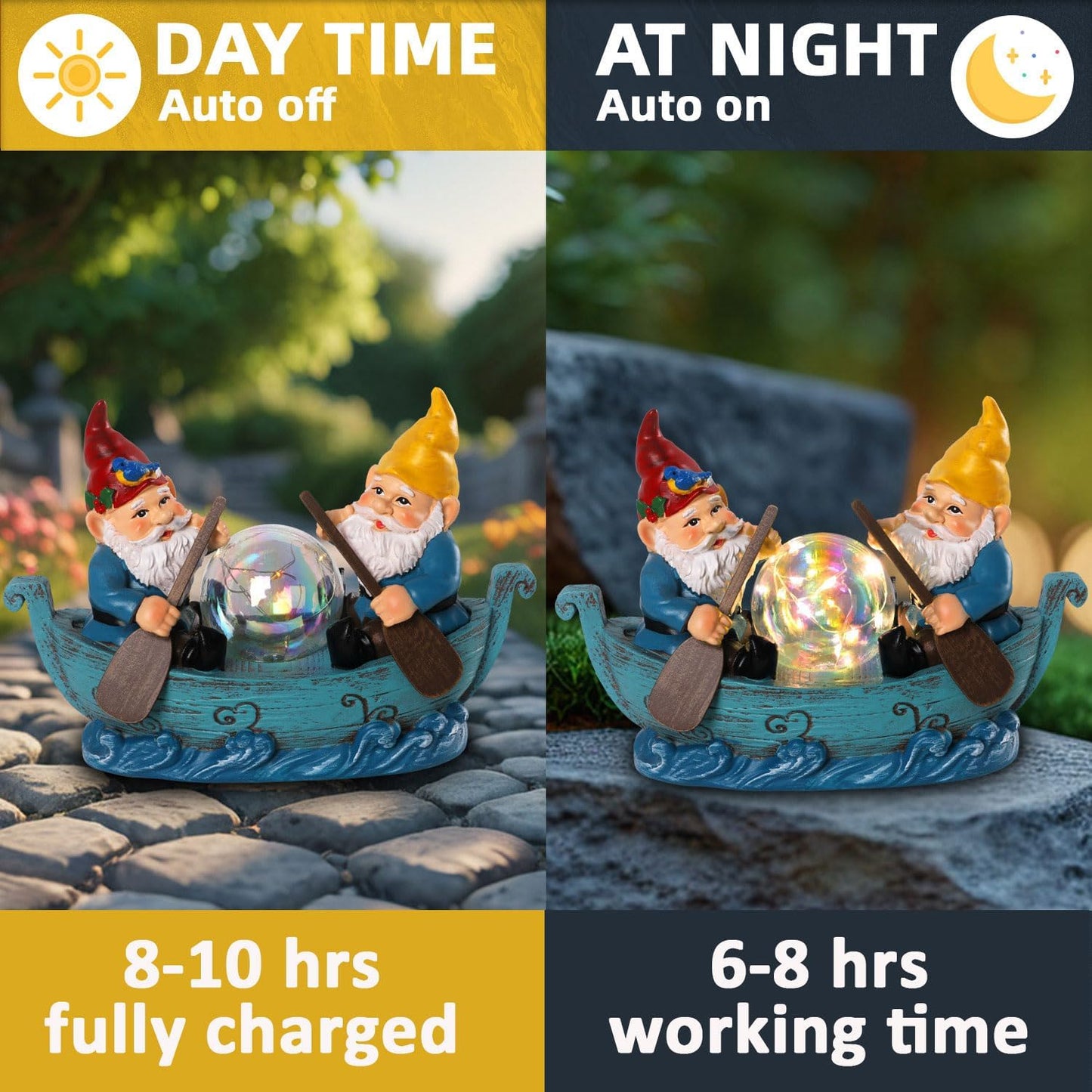 Solar Gnome Boating Garden Statues with Ball Light 4.6" Resin Gnomes Figurines Decorations for Yard Patio Lawm Porch Balcony Funny Housewarming Birthday Gardening Gifts for Women Moms