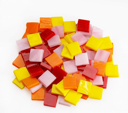 Mosaic Tiles 270 Pieces / 200 g Pack of Colored Mica Glass Mosaic Tile Supplies for Home Decoration, DIY Crafts, Plates, Picture Frames, Flowerpots – 1x1 cm Square Tiles (Red Yellow Pink Mix)