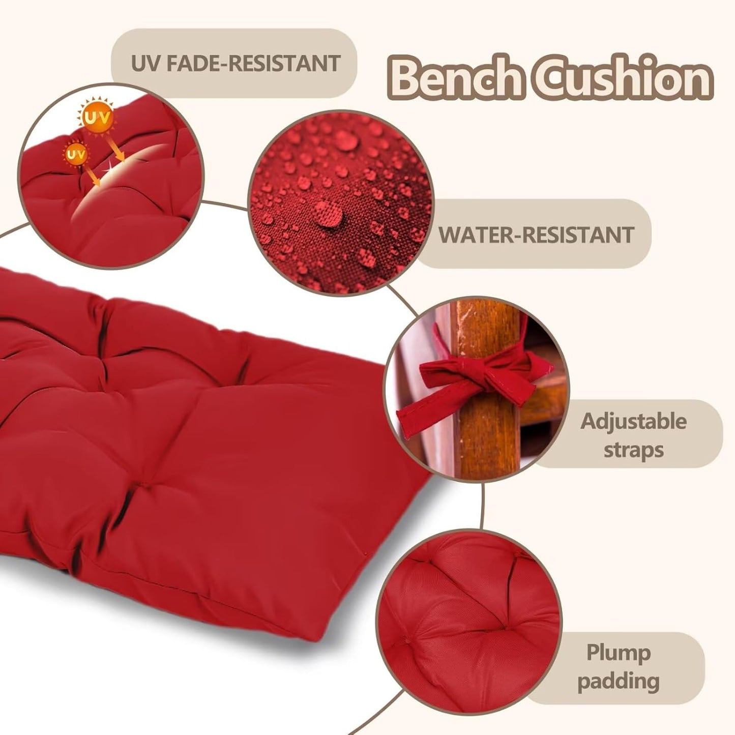 Waterproof Indoor Outdoor Garden Bench Seat Cushions,Thicken Patio Bench Soft Rocking Chairs Pad Lounger Seat for Porch Wicker Loveseat Settee (59 X 19.6 in,Red