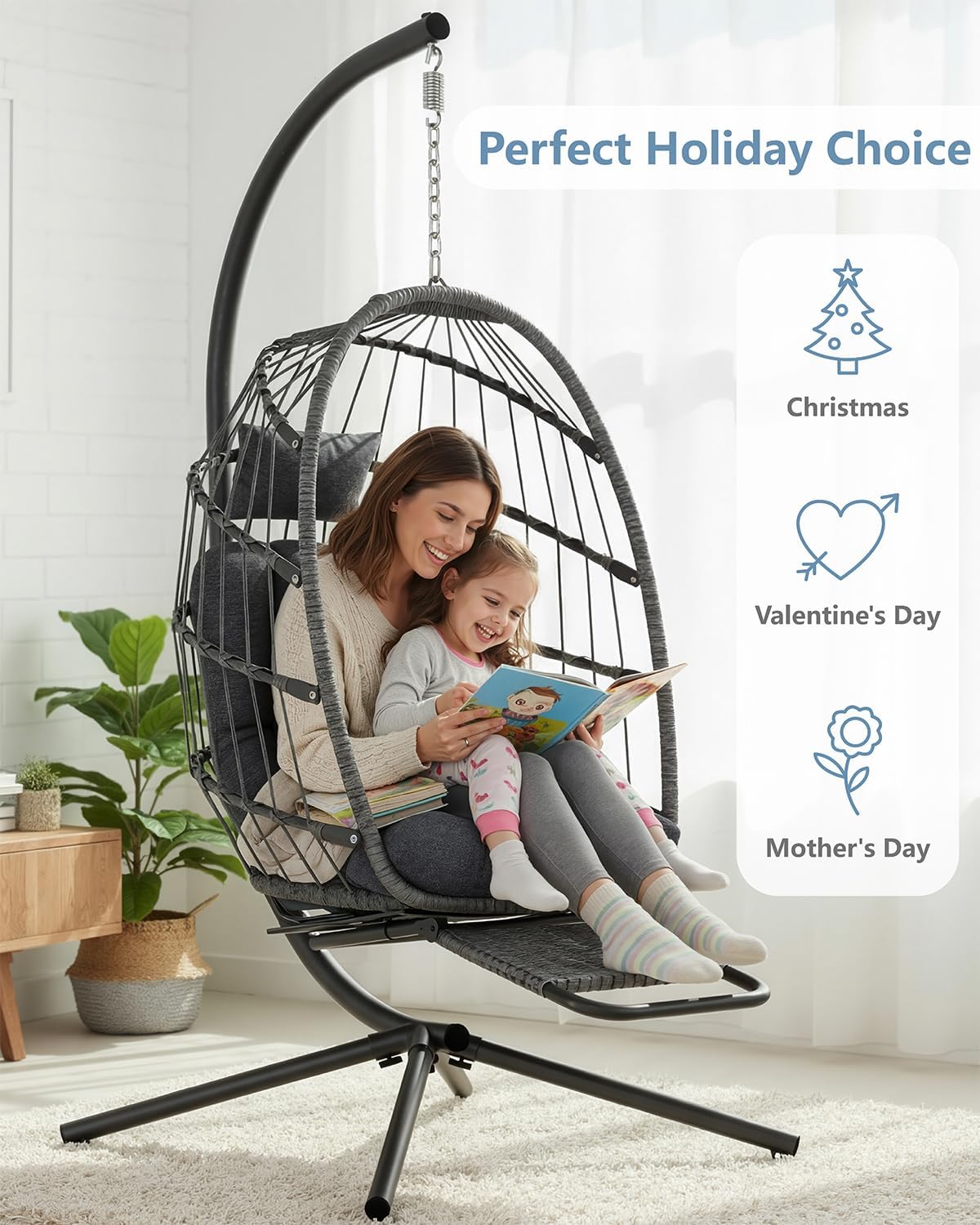 SWITTE Egg Chair Outdoor with Footrest & Stand, Indoor Wicker Hanging Egg Swing Chair with Cushion for Patio, Bedroom, Garden - Dark Gray