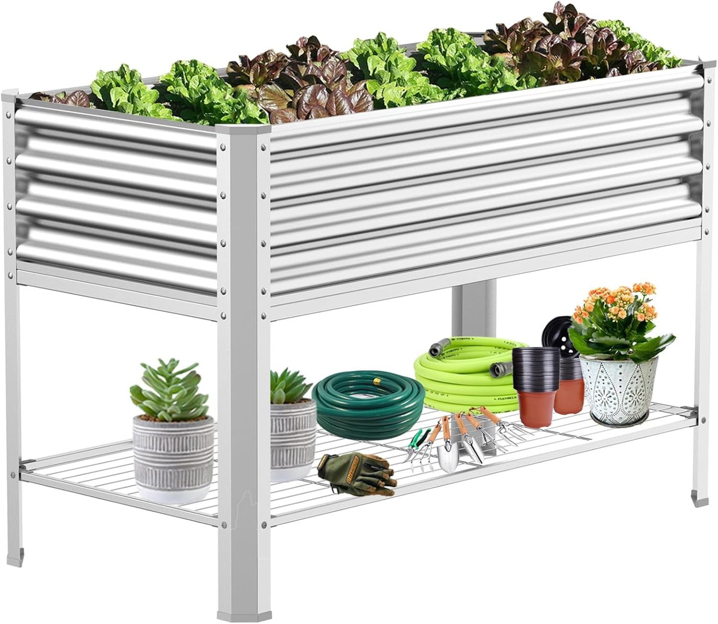 Raised Garden Bed with Legs, Galvanized Raised Planter Box with Storage Shelf and Drainage Holes, 48×24×32 Inch Large Metal Garden Bed Kit for Balcony, Backyard, Patio Lasts for Years of Use.