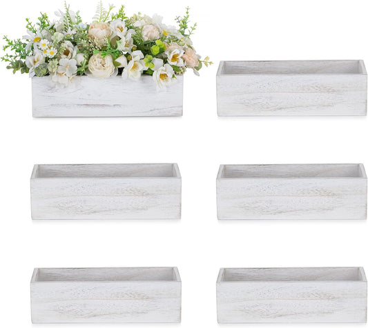 NUPTIO Flower Box Rectangle Centerpieces: 6 Pcs 11.8" Long Wood Vase Boxes Small Rustic Washed White Centerpiece Box for Wedding Tables Fall Decor